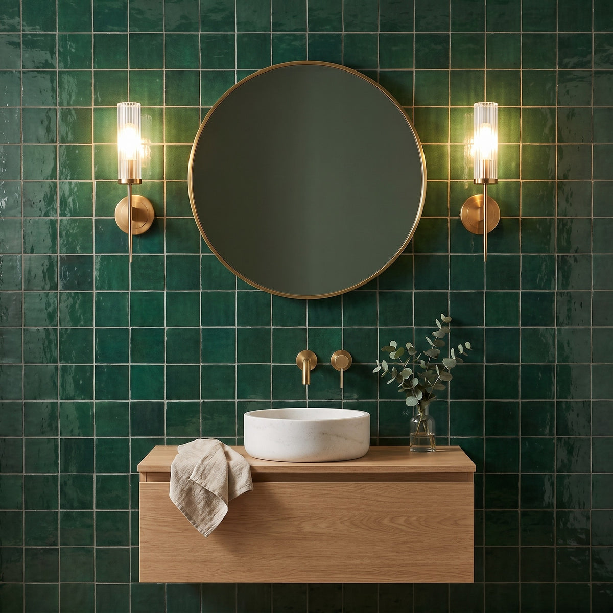 Dos apliques Vela de latón a los lados del espejo redondo de un baño de azulejo verde