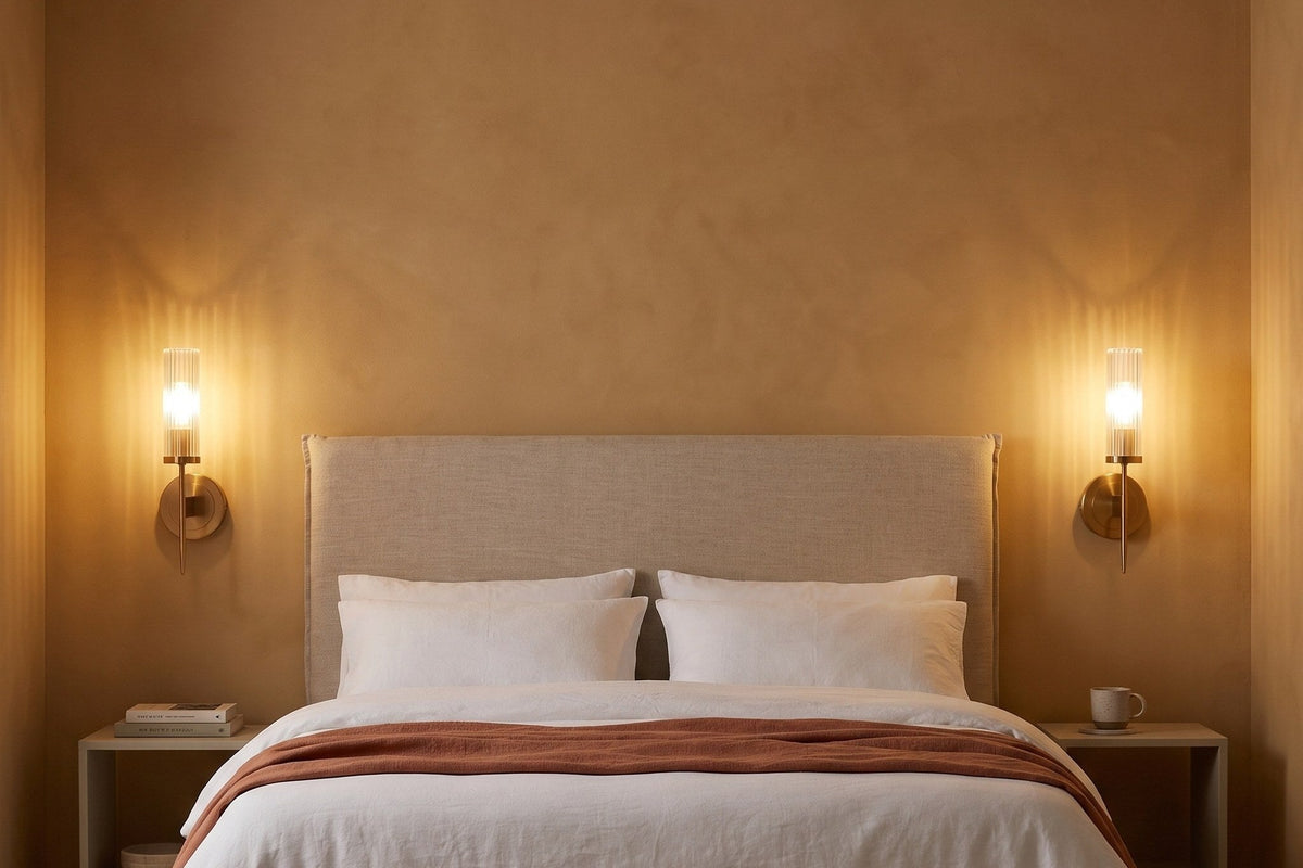 Dos apliques de pared Vela de latón encendidos a los lados del cabecero de una cama