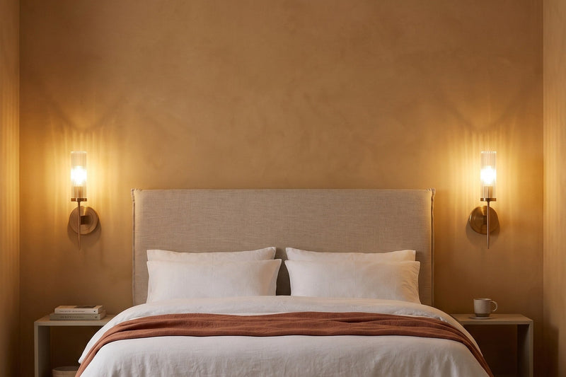 Dos apliques de pared Vela de latón encendidos a los lados del cabecero de una cama