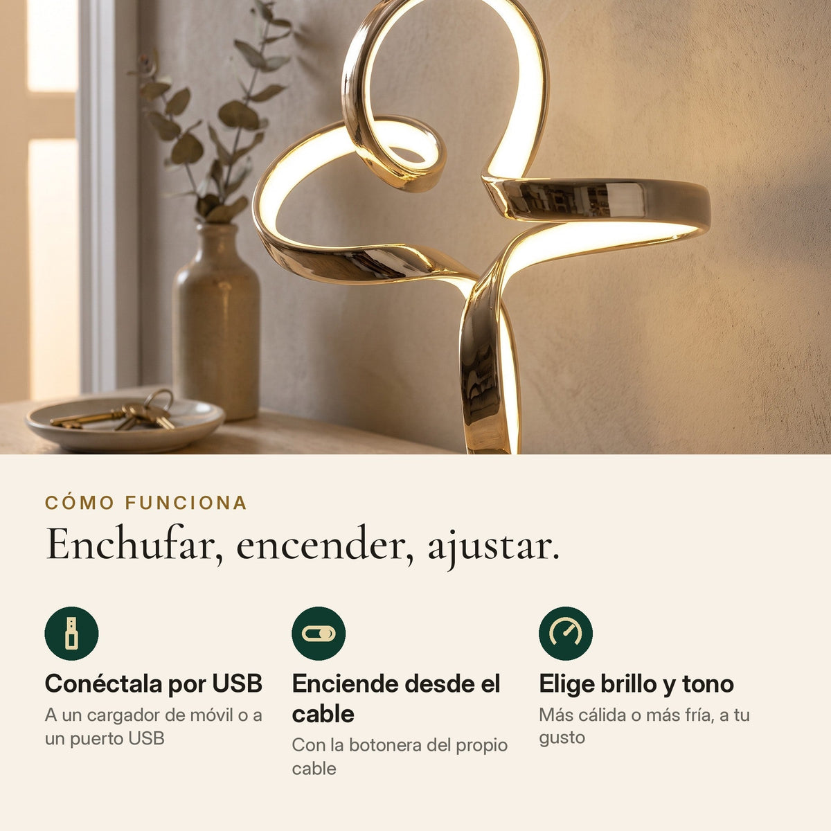Cómo funciona Flora: USB, botonera en el cable, brillo y tono regulables