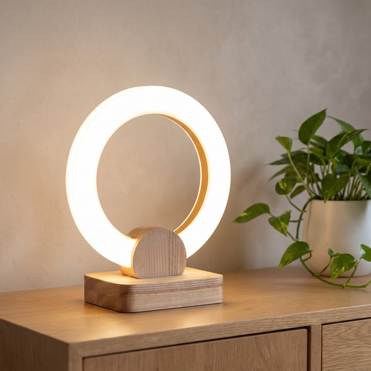 Halo, lámpara de aro luminoso con base de madera sobre un aparador