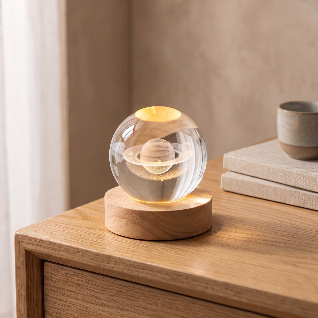 Luma Saturno, esfera de cristal con Saturno grabado sobre base de madera
