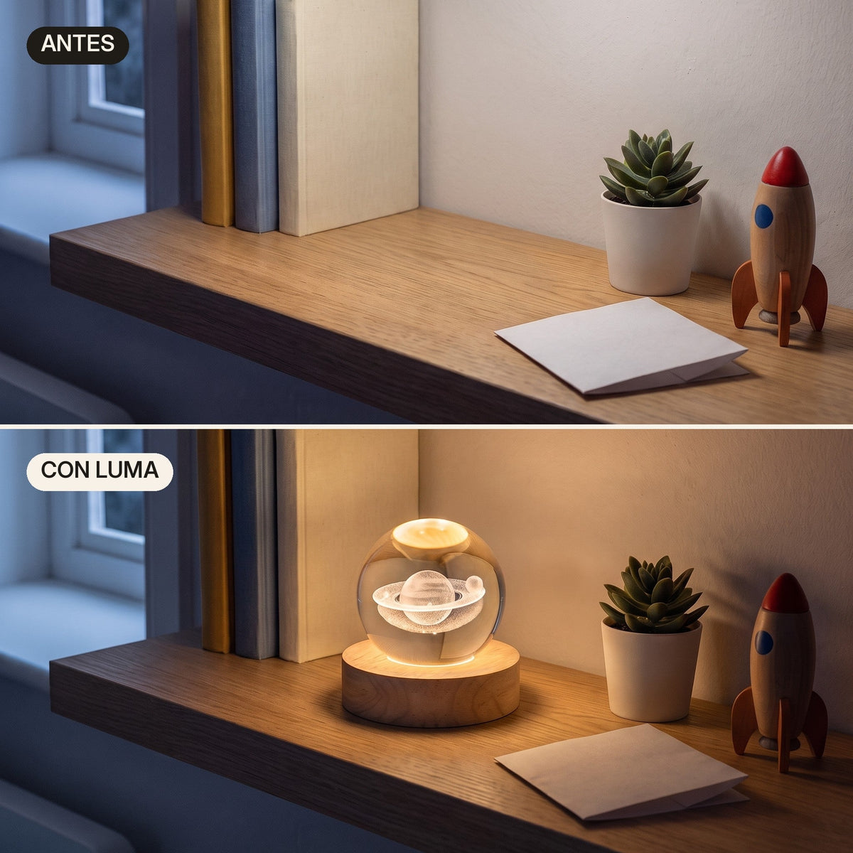 La misma estantería antes y después de colocar Luma