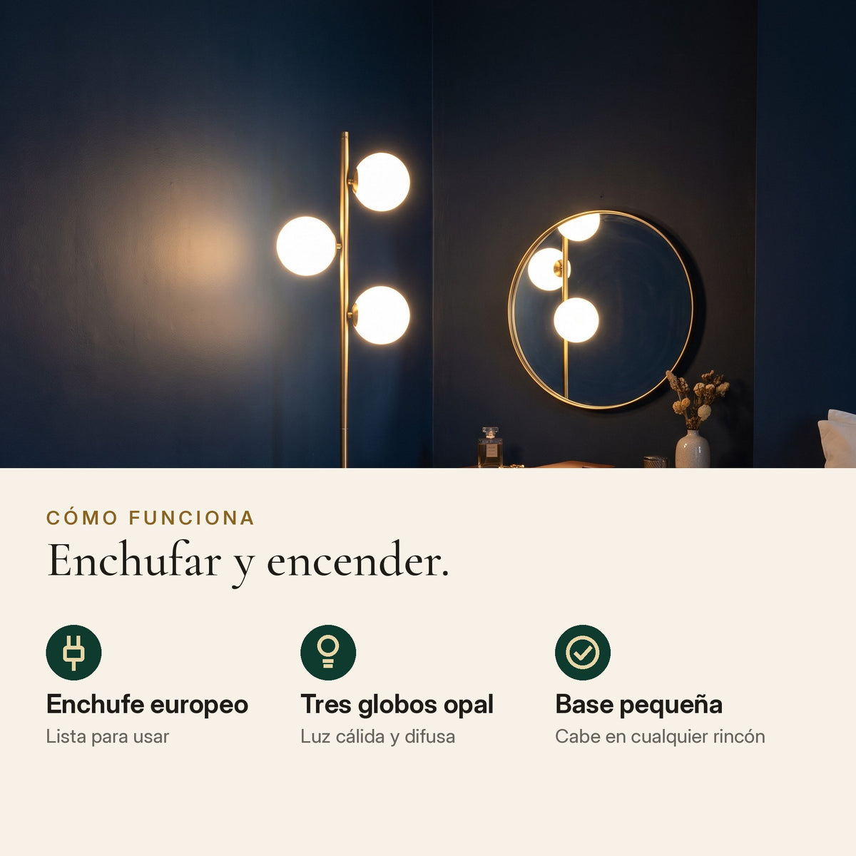 Cómo funciona Lunas: enchufe europeo, tres globos opal y base pequeña