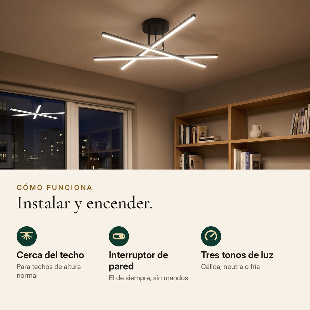 Cómo funciona Mikado: cerca del techo, interruptor de pared y tres tonos de luz