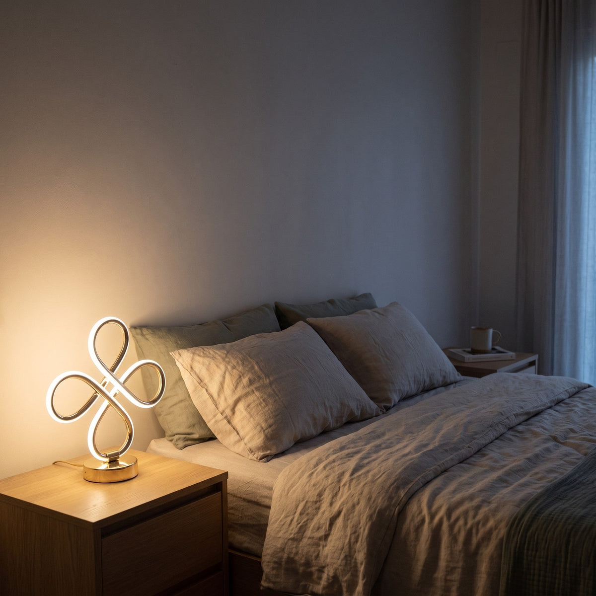 Nexo encendida en la mesilla de un dormitorio por la noche
