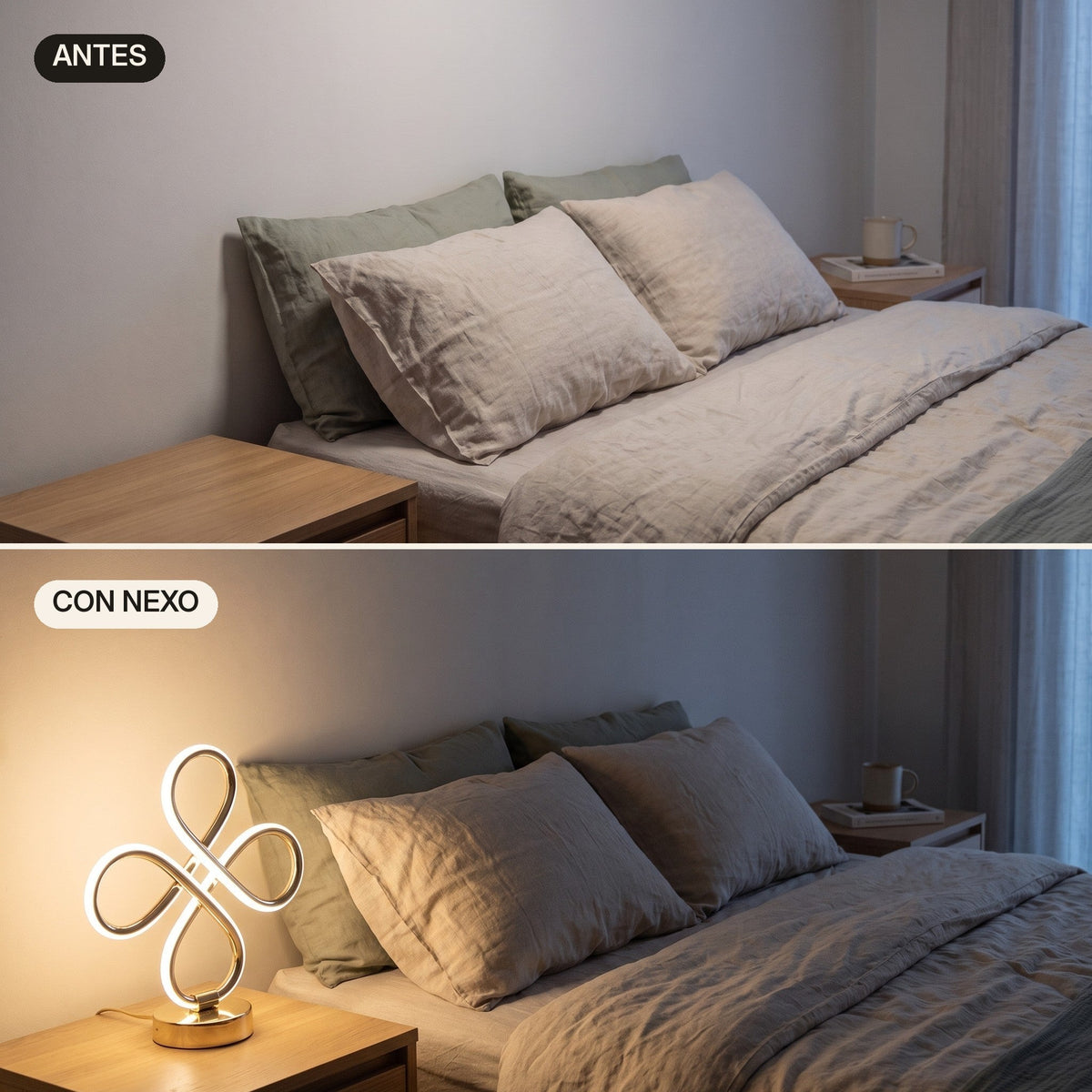 El mismo dormitorio antes y después de colocar Nexo