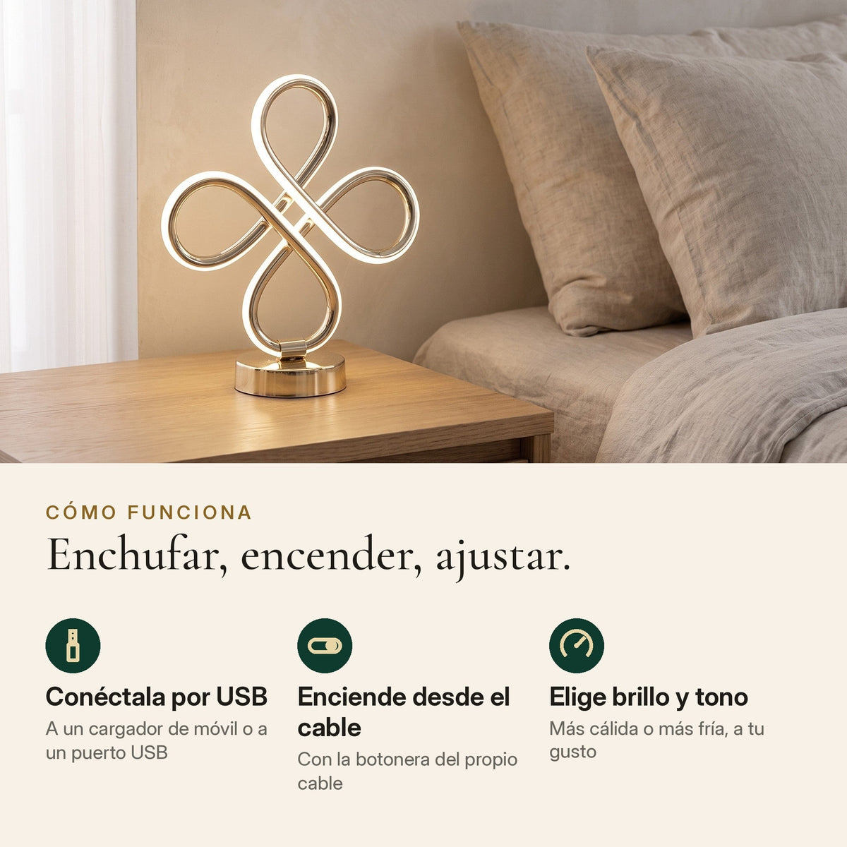 Cómo funciona Nexo: USB, botonera en el cable, brillo y tono regulables