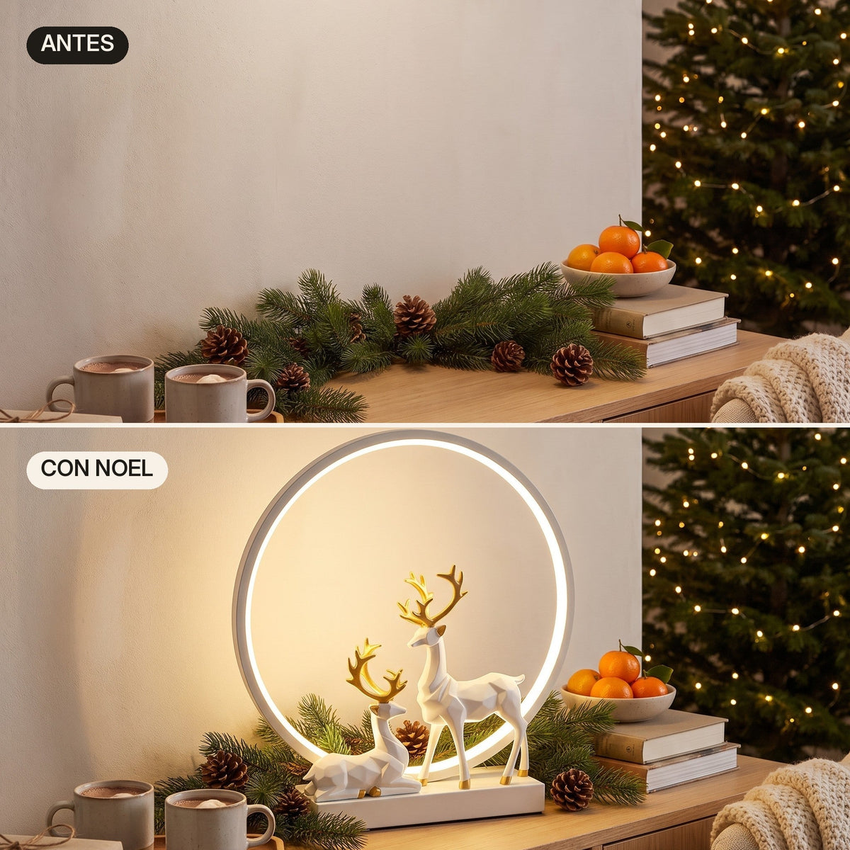 El mismo rincón antes y después de colocar Noel