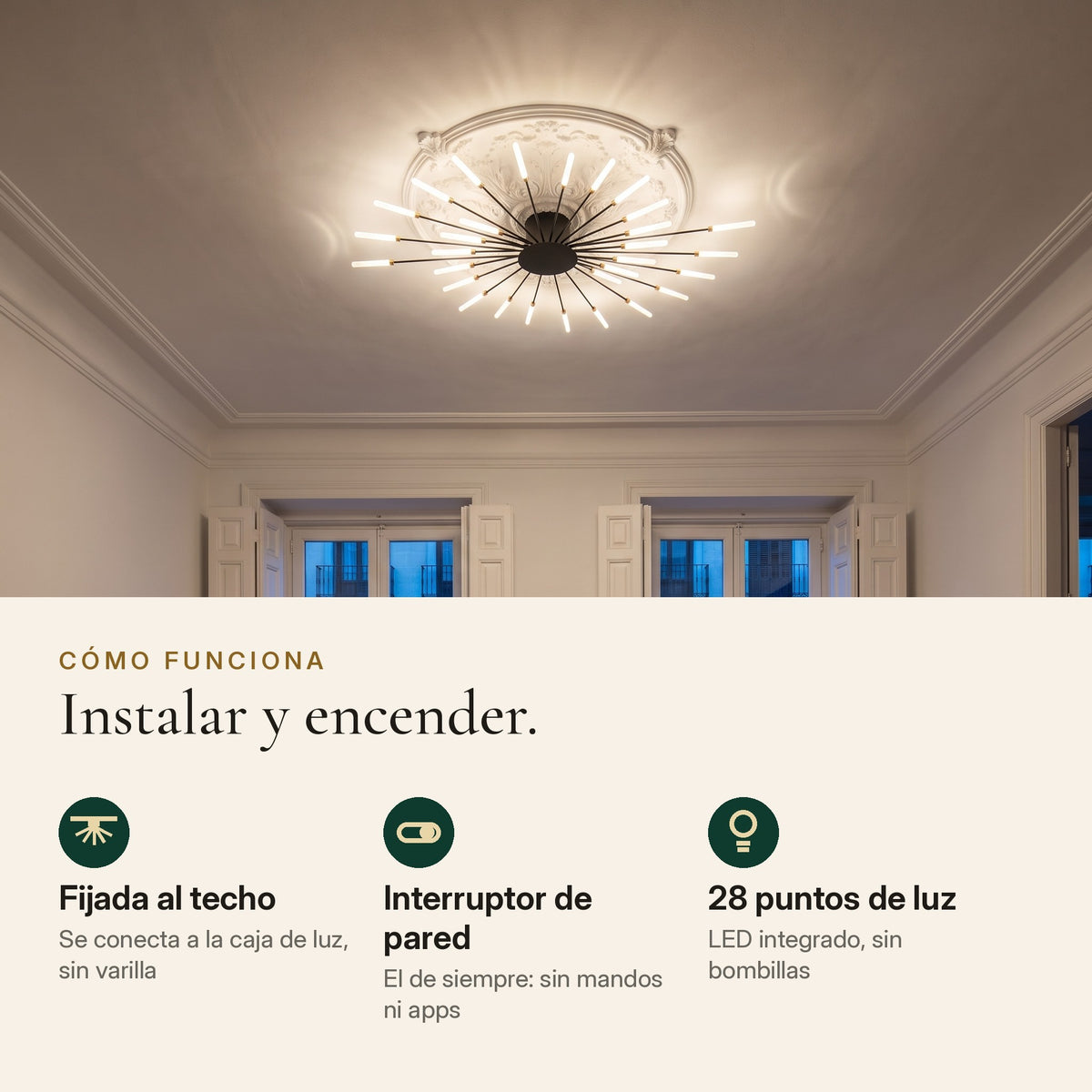 Cómo funciona Nova: fijada al techo, interruptor de pared y 28 puntos de luz LED