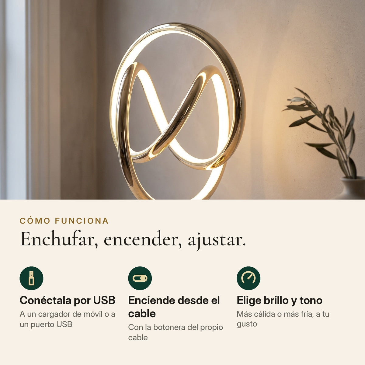 Cómo funciona Orbe: USB, botonera en el cable, brillo y tono regulables