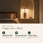 Cómo funciona Petra: carga por USB, encendido táctil y sin cable