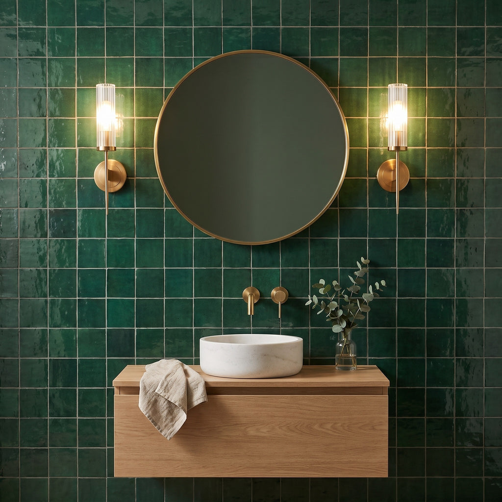 Dos apliques Vela de latón a los lados del espejo redondo de un baño de azulejo verde